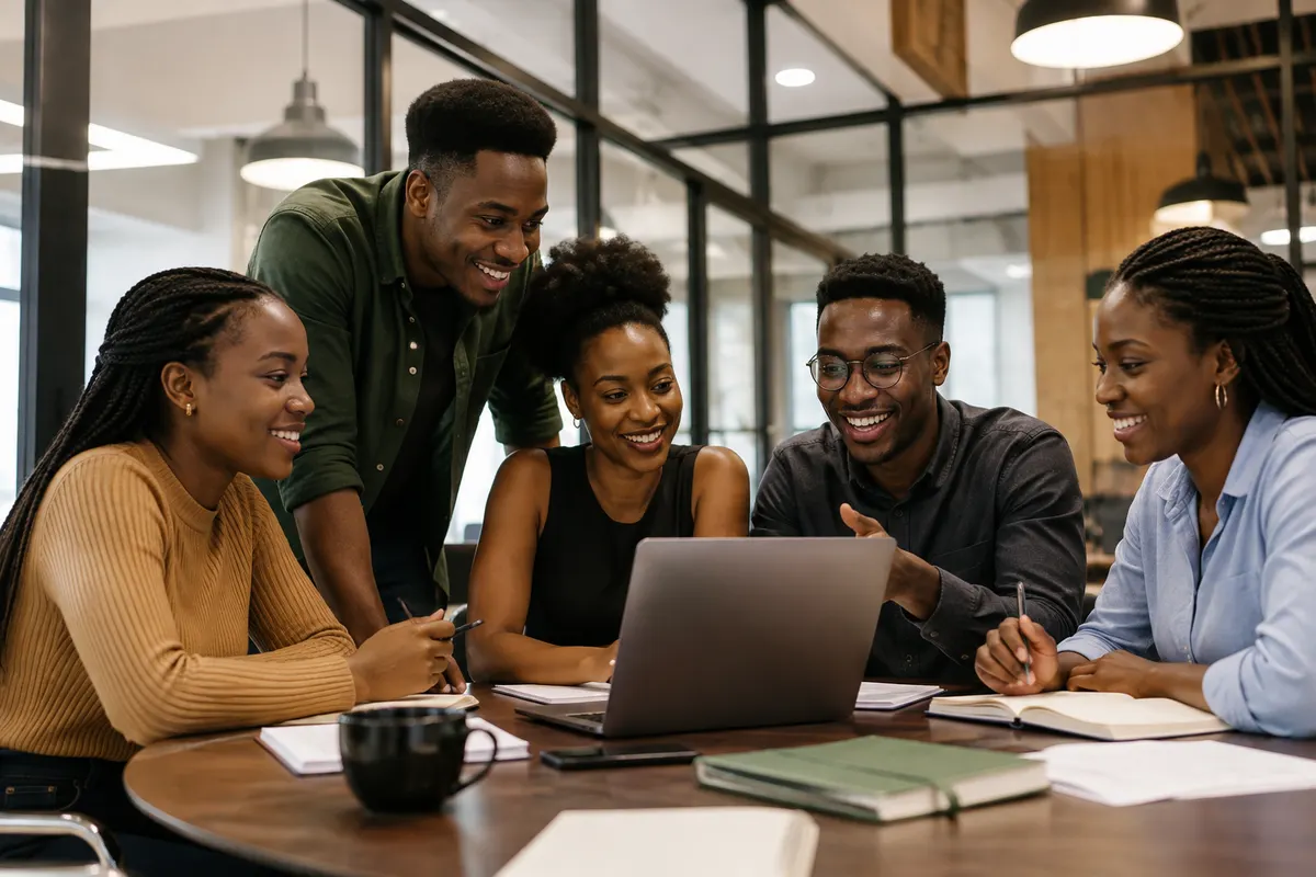 Young people working together around a laptop